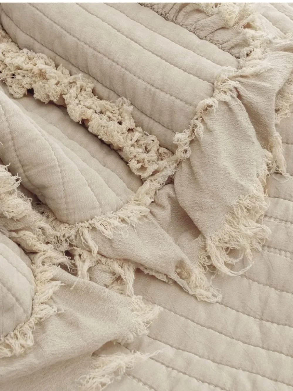 Textured Fringed Quilted Throw Blanket in Cream